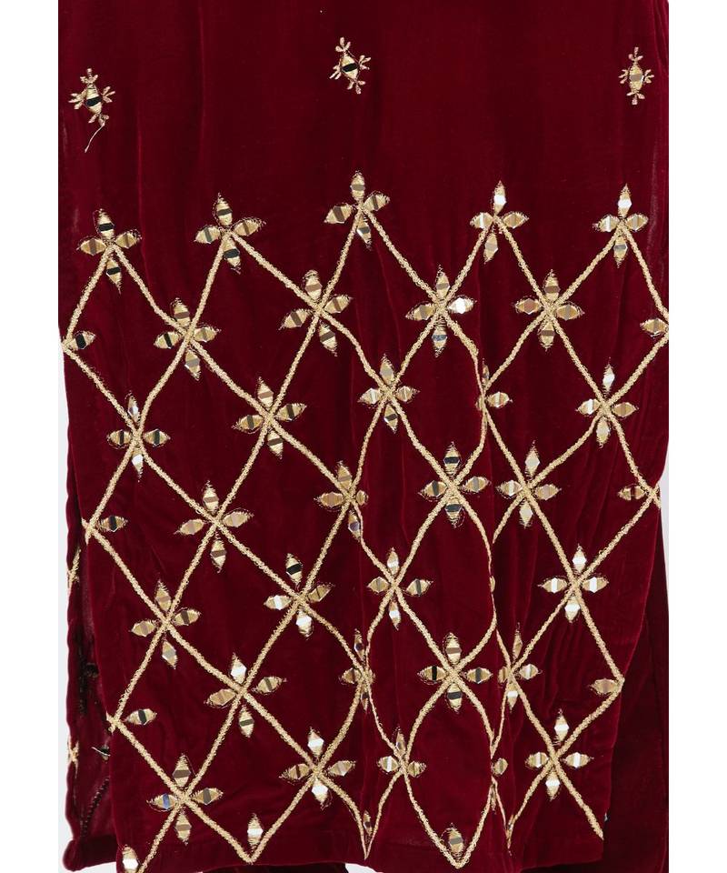 Maroon Mirror Embroidered Velvet Kurti with Straight Pants