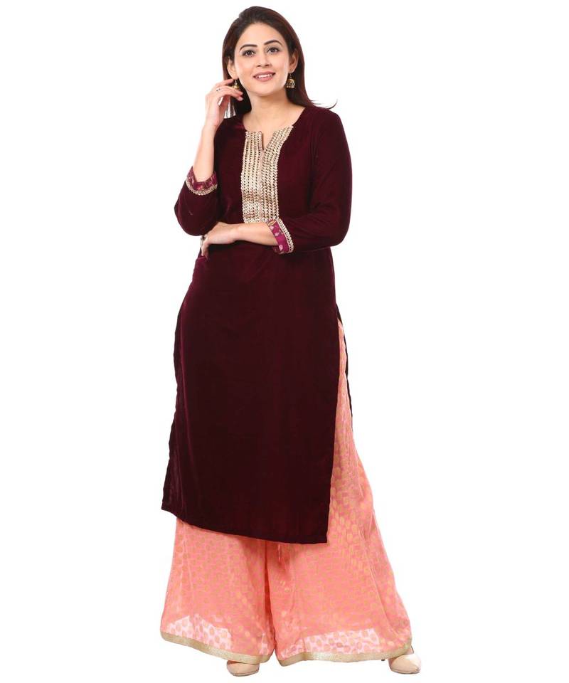 purple Purple Velvet Kurti with Peach Georgette Banarsi Kalidar Palazzo