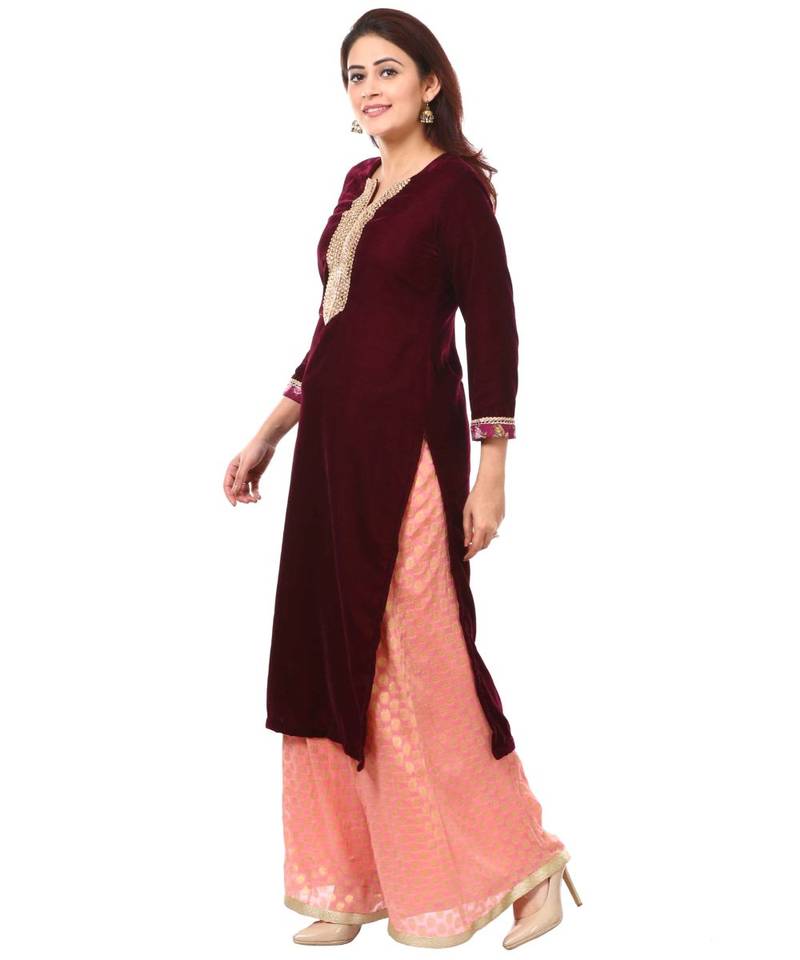 purple Purple Velvet Kurti with Peach Georgette Banarsi Kalidar Palazzo