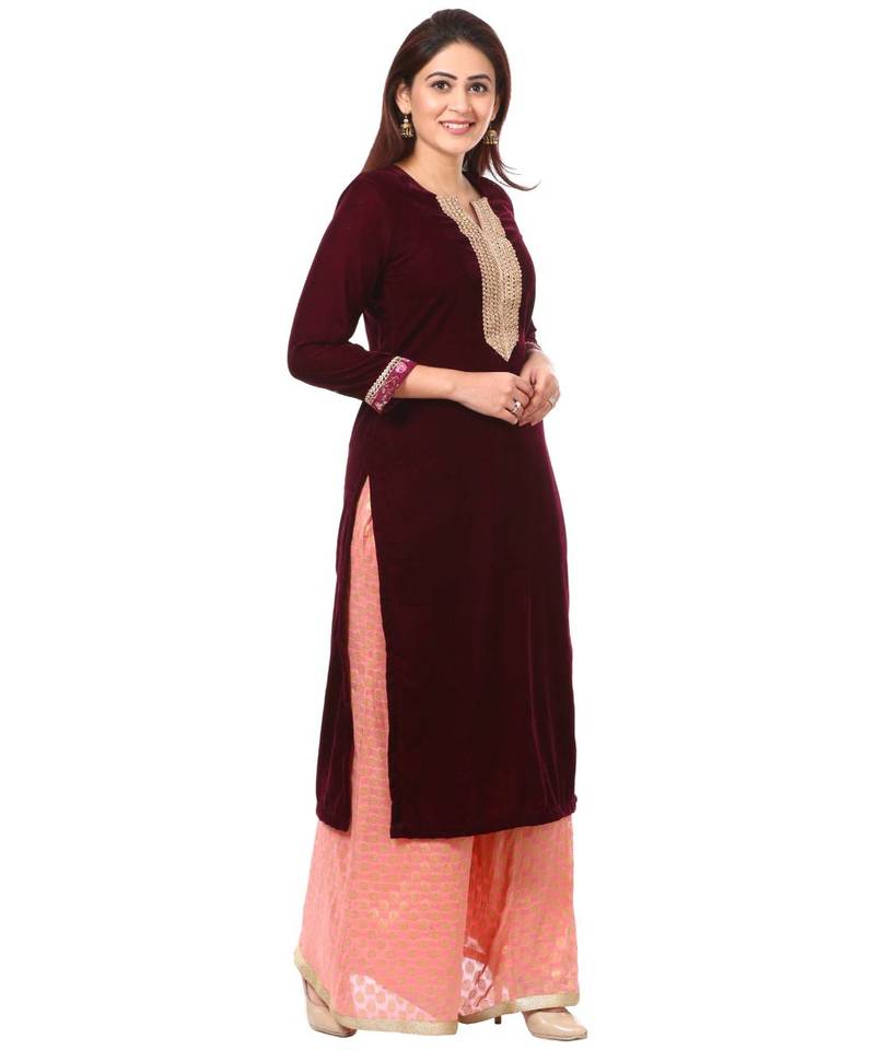 purple Purple Velvet Kurti with Peach Georgette Banarsi Kalidar Palazzo