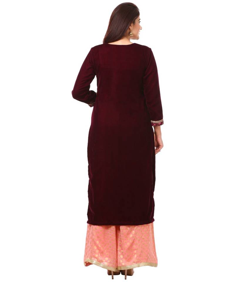 purple Purple Velvet Kurti with Peach Georgette Banarsi Kalidar Palazzo