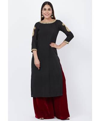 Classic Black Paisley Embroidered Kurti with Maroon Kalidaar Velvet Palazzo 1