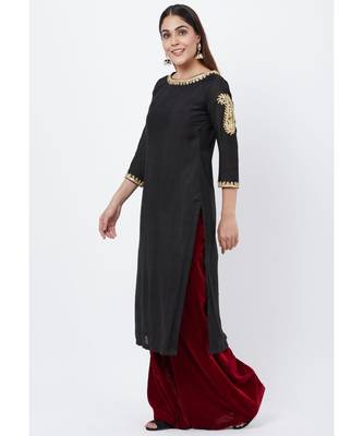 Classic Black Paisley Embroidered Kurti with Maroon Kalidaar Velvet Palazzo 2