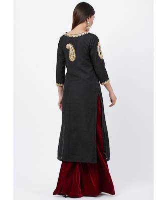 Classic Black Paisley Embroidered Kurti with Maroon Kalidaar Velvet Palazzo 4