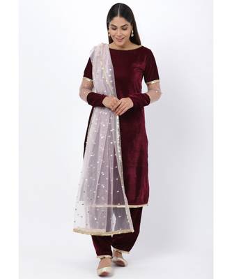 purple Sequenced Sleeves Velvet Kurti with Salwar and Blush Pink Dupatta 1