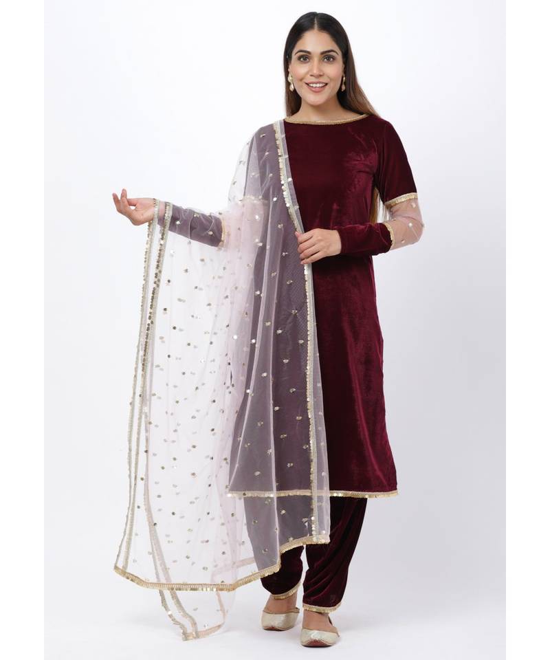 purple Sequenced Sleeves Velvet Kurti with Salwar and Blush Pink Dupatta