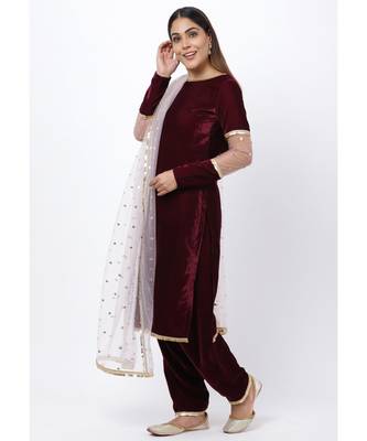 purple Sequenced Sleeves Velvet Kurti with Salwar and Blush Pink Dupatta 3