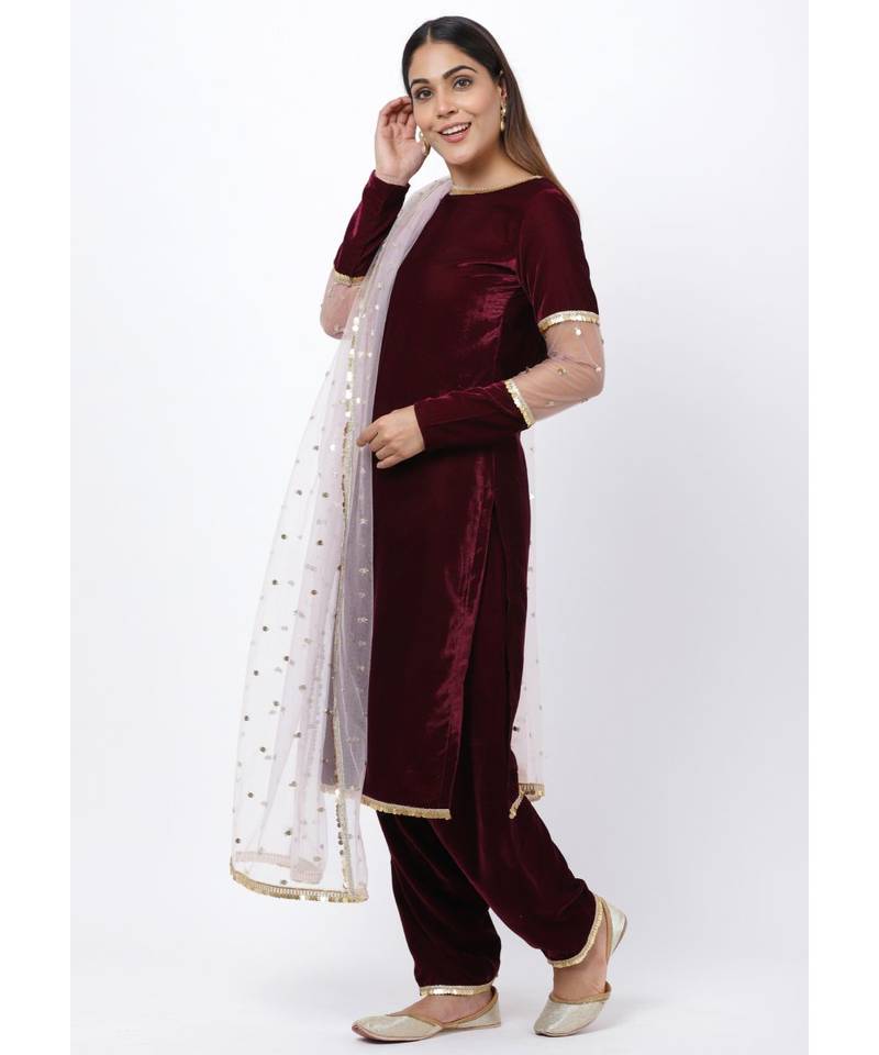 purple Sequenced Sleeves Velvet Kurti with Salwar and Blush Pink Dupatta