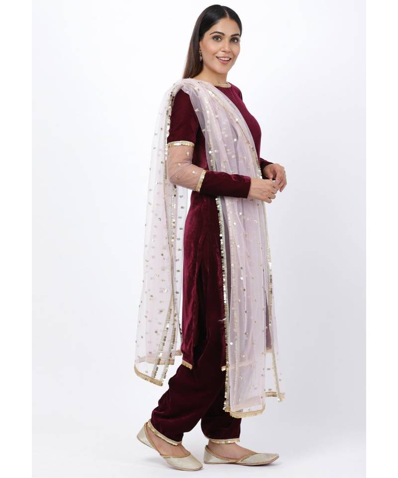 purple Sequenced Sleeves Velvet Kurti with Salwar and Blush Pink Dupatta