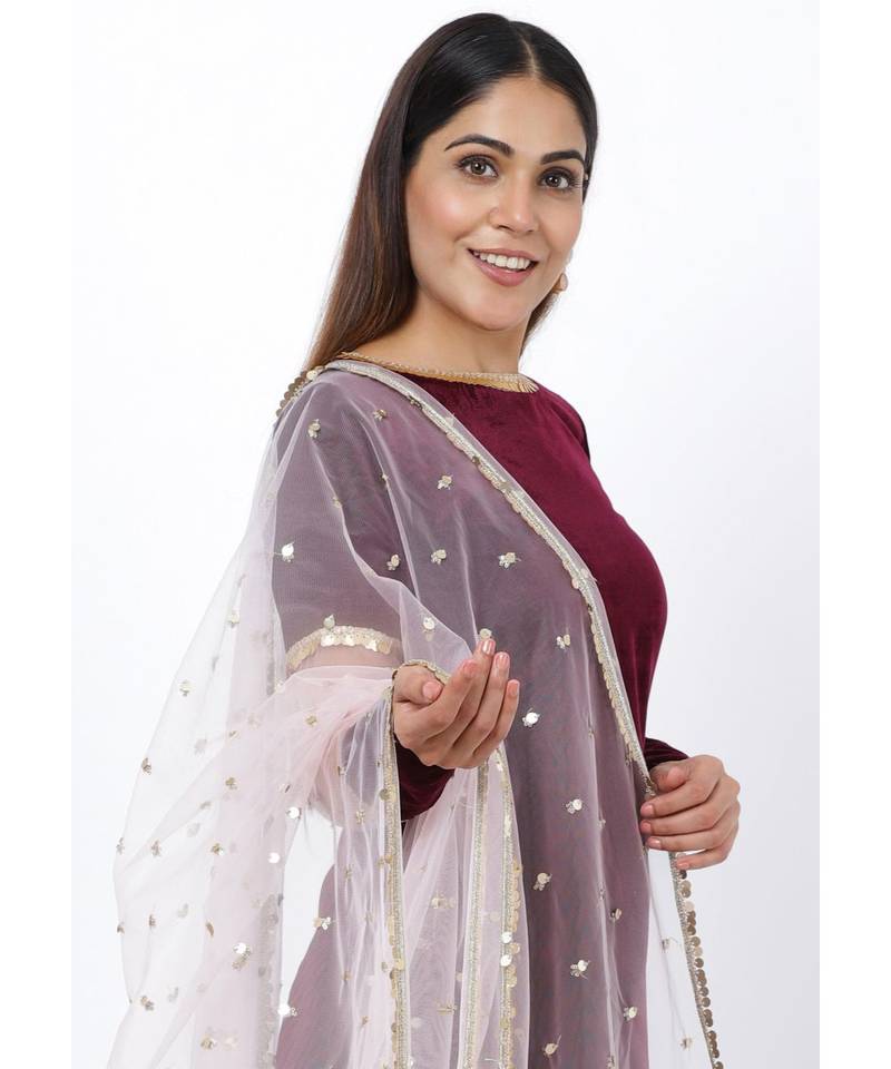 purple Sequenced Sleeves Velvet Kurti with Salwar and Blush Pink Dupatta