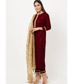 Maroon Gold Velvet Kundan Kurti with Straight Pants and Organza Dupatta