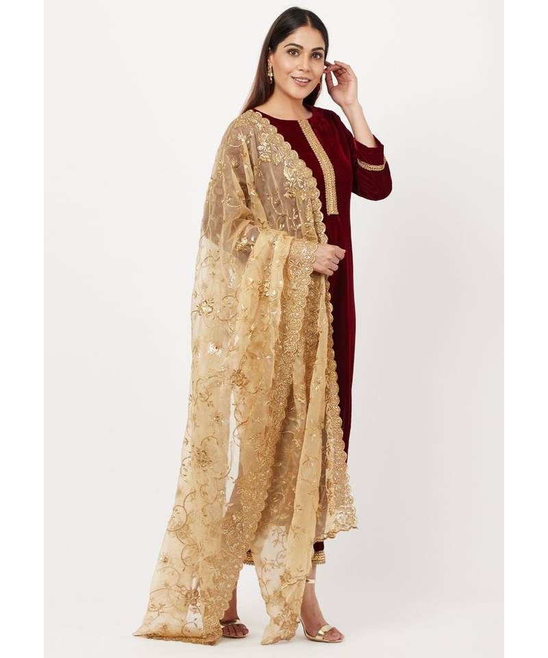 Maroon Gold Velvet Kundan Kurti with Straight Pants and Organza Dupatta