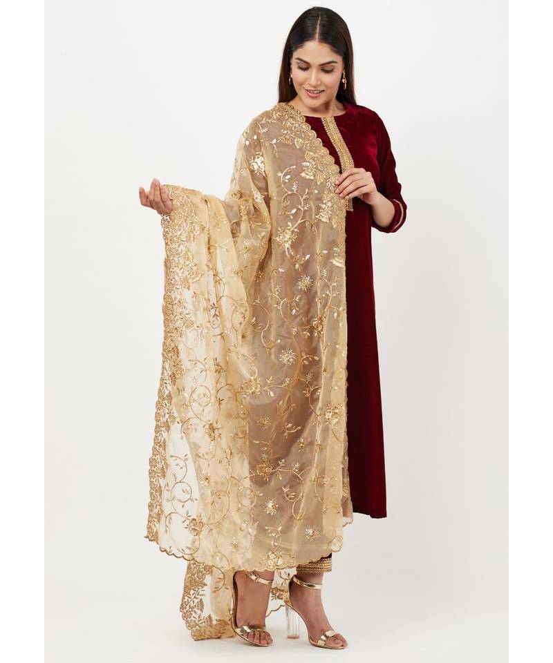 Maroon Gold Velvet Kundan Kurti with Straight Pants and Organza Dupatta