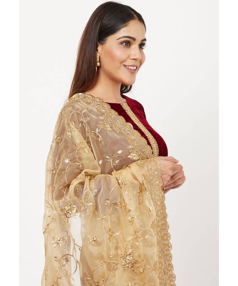 Maroon Gold Velvet Kundan Kurti with Straight Pants and Organza Dupatta