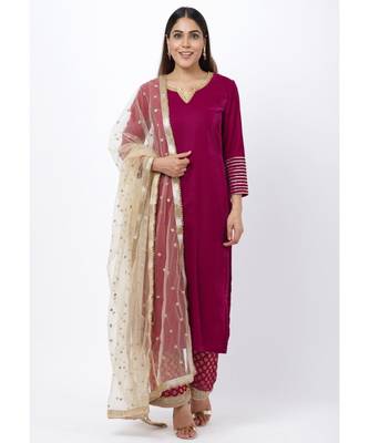 Magenta Addict Velvet Kurti with Banarsi Palazzo and Net Sequenced Dupatta 1