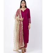 Magenta Addict Velvet Kurti with Banarsi Palazzo and Net Sequenced Dupatta