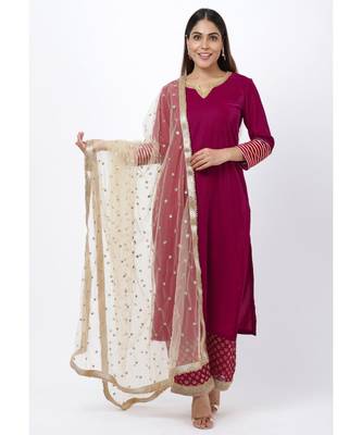 Magenta Addict Velvet Kurti with Banarsi Palazzo and Net Sequenced Dupatta 2