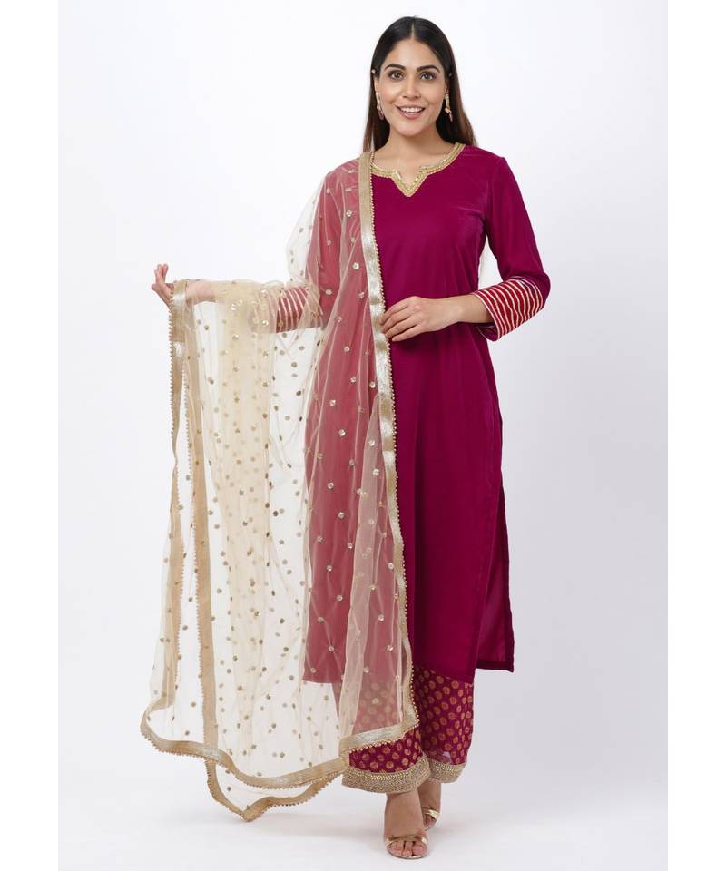 Magenta Addict Velvet Kurti with Banarsi Palazzo and Net Sequenced Dupatta