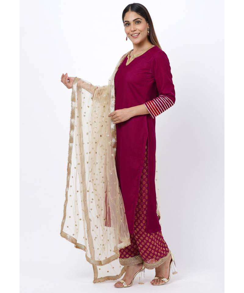 Magenta Addict Velvet Kurti with Banarsi Palazzo and Net Sequenced Dupatta
