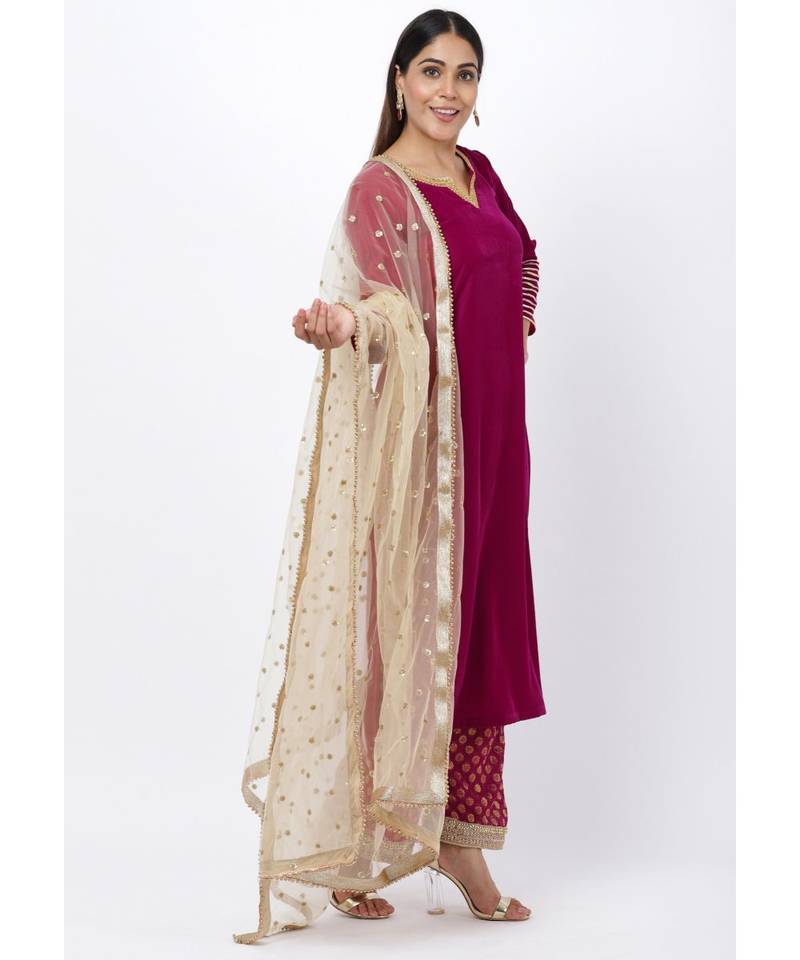 Magenta Addict Velvet Kurti with Banarsi Palazzo and Net Sequenced Dupatta