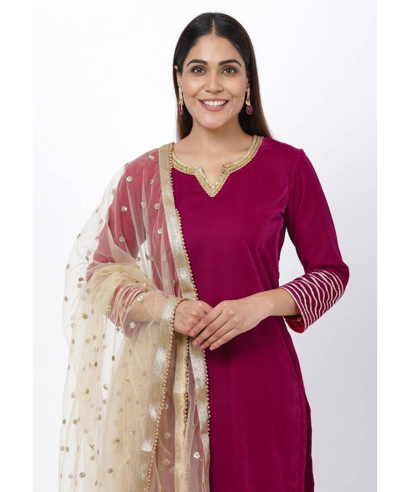 Magenta Addict Velvet Kurti with Banarsi Palazzo and Net Sequenced Dupatta