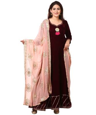 purple Purple Velvet Floor Length Kurti with Peach Gotta Patti Dupatta 1