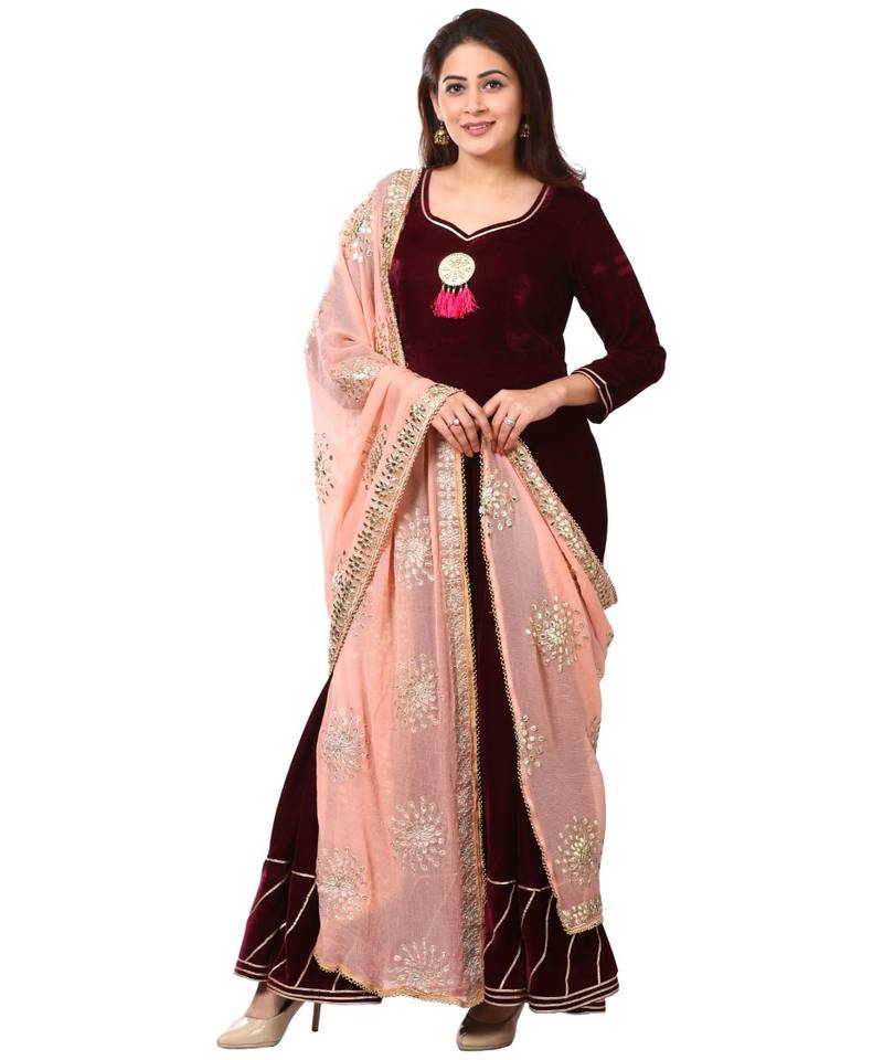 purple Purple Velvet Floor Length Kurti with Peach Gotta Patti Dupatta