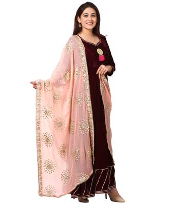 purple Purple Velvet Floor Length Kurti with Peach Gotta Patti Dupatta 3