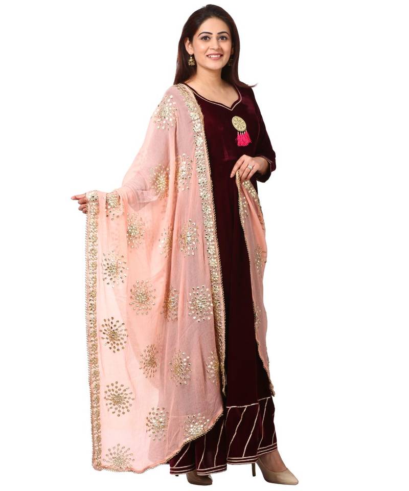 purple Purple Velvet Floor Length Kurti with Peach Gotta Patti Dupatta