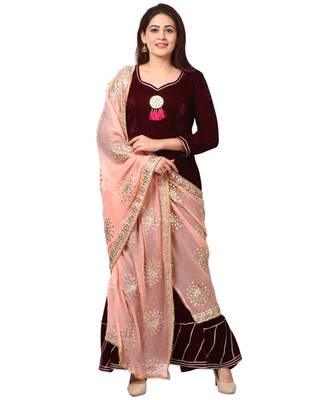 purple Purple Velvet Floor Length Kurti with Peach Gotta Patti Dupatta 4
