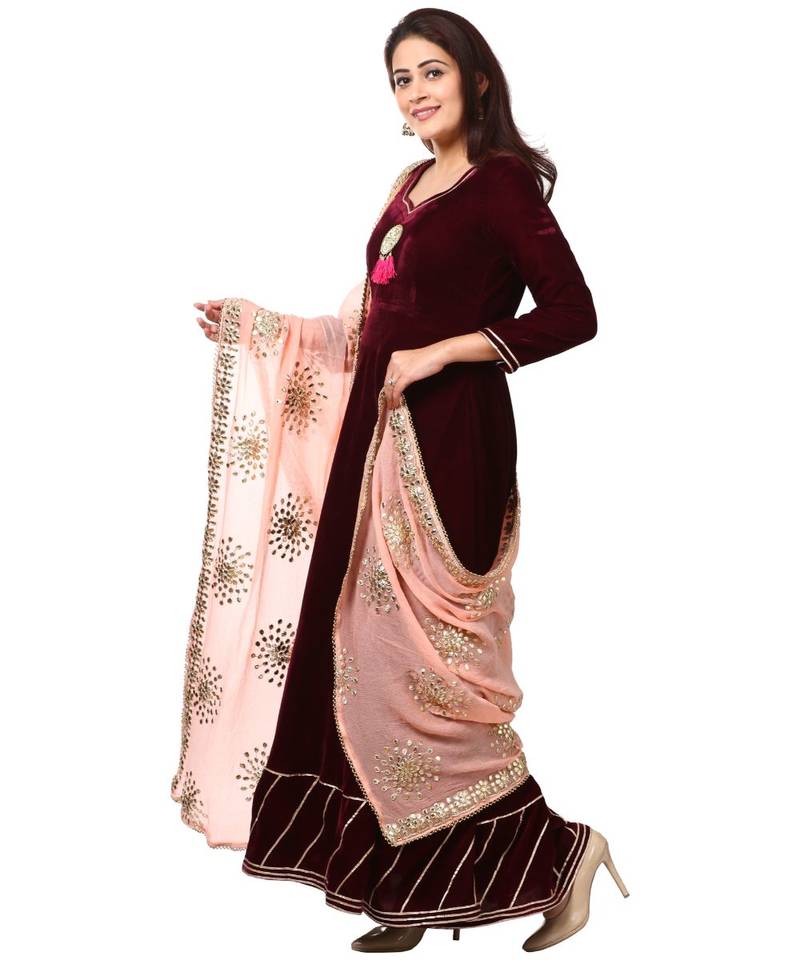 purple Purple Velvet Floor Length Kurti with Peach Gotta Patti Dupatta