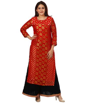 Red Melange Georgette Banarsi Kurti and Navy Blue Velvet Kalidar Palazzo 1