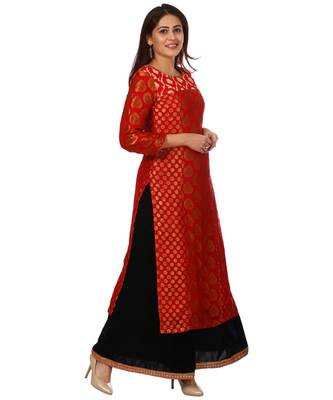 Red Melange Georgette Banarsi Kurti and Navy Blue Velvet Kalidar Palazzo 2