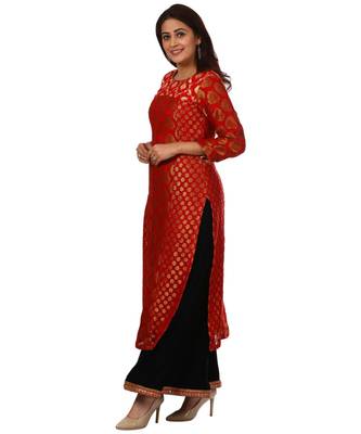 Red Melange Georgette Banarsi Kurti and Navy Blue Velvet Kalidar Palazzo 3