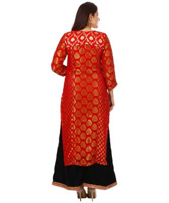 Red Melange Georgette Banarsi Kurti and Navy Blue Velvet Kalidar Palazzo 4