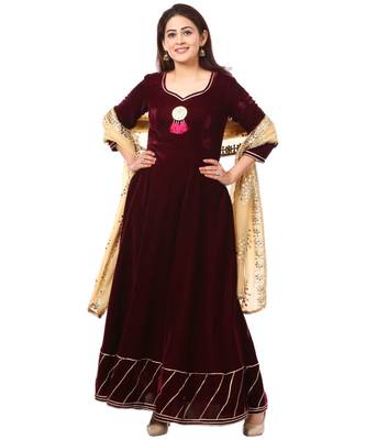 purple Purple Velvet Floor Length Kurti with Gold Gotta Patti Dupatta 1