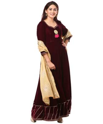 purple Purple Velvet Floor Length Kurti with Gold Gotta Patti Dupatta 2