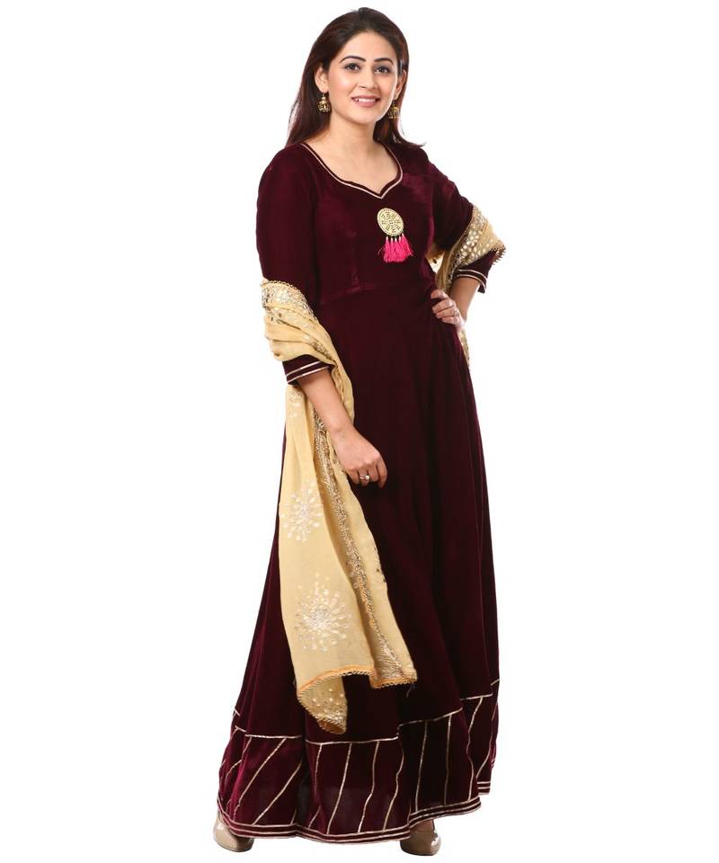 purple Purple Velvet Floor Length Kurti with Gold Gotta Patti Dupatta