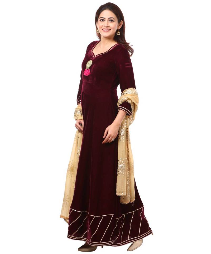 purple Purple Velvet Floor Length Kurti with Gold Gotta Patti Dupatta