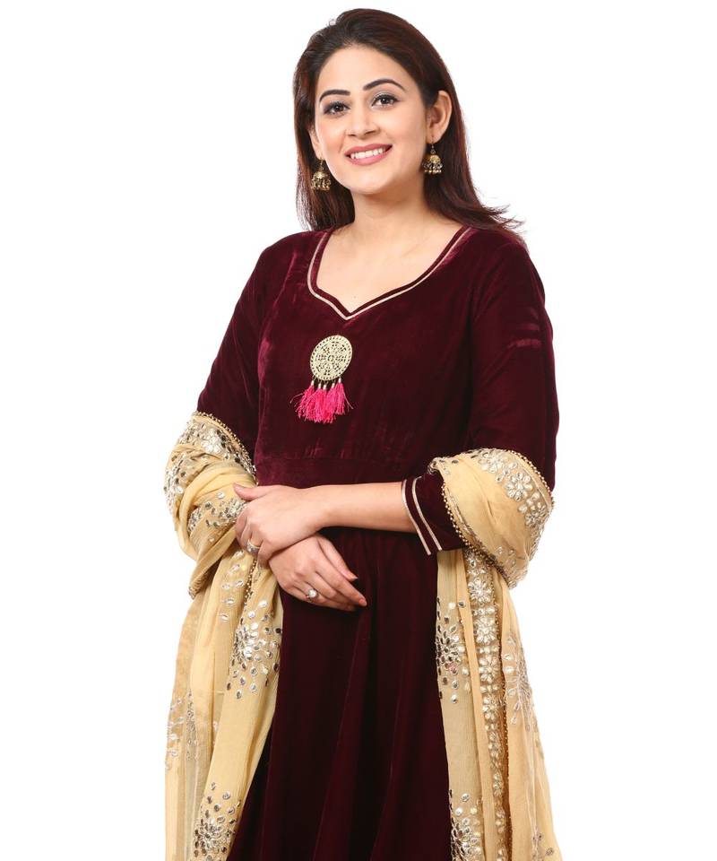 purple Purple Velvet Floor Length Kurti with Gold Gotta Patti Dupatta