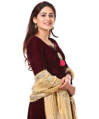 purple Purple Velvet Floor Length Kurti with Gold Gotta Patti Dupatta 5