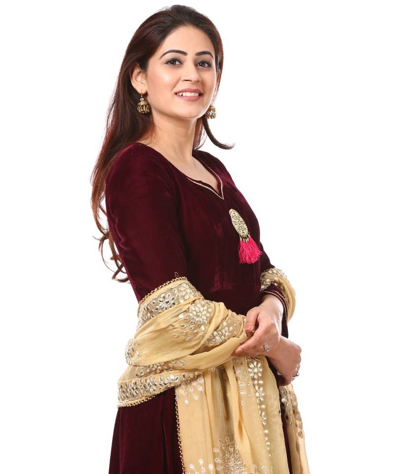 purple Purple Velvet Floor Length Kurti with Gold Gotta Patti Dupatta