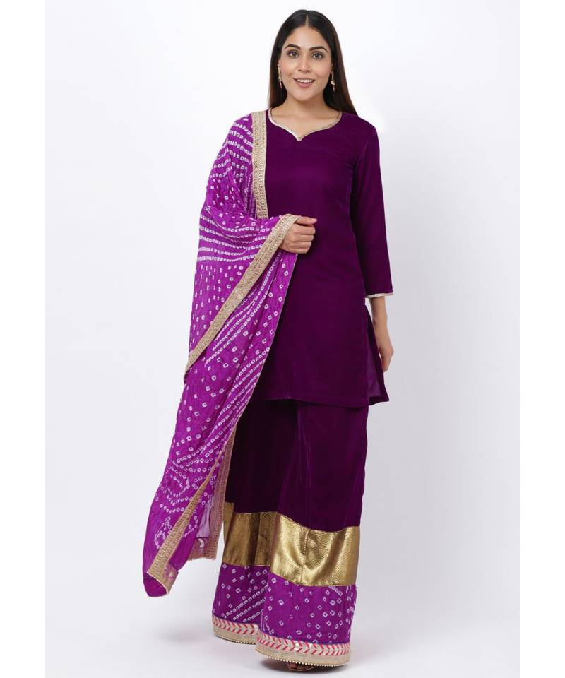 My Purple Short Velvet Kurti with Kalidaar Bandhani Palazzo and Bandhani Dupatta