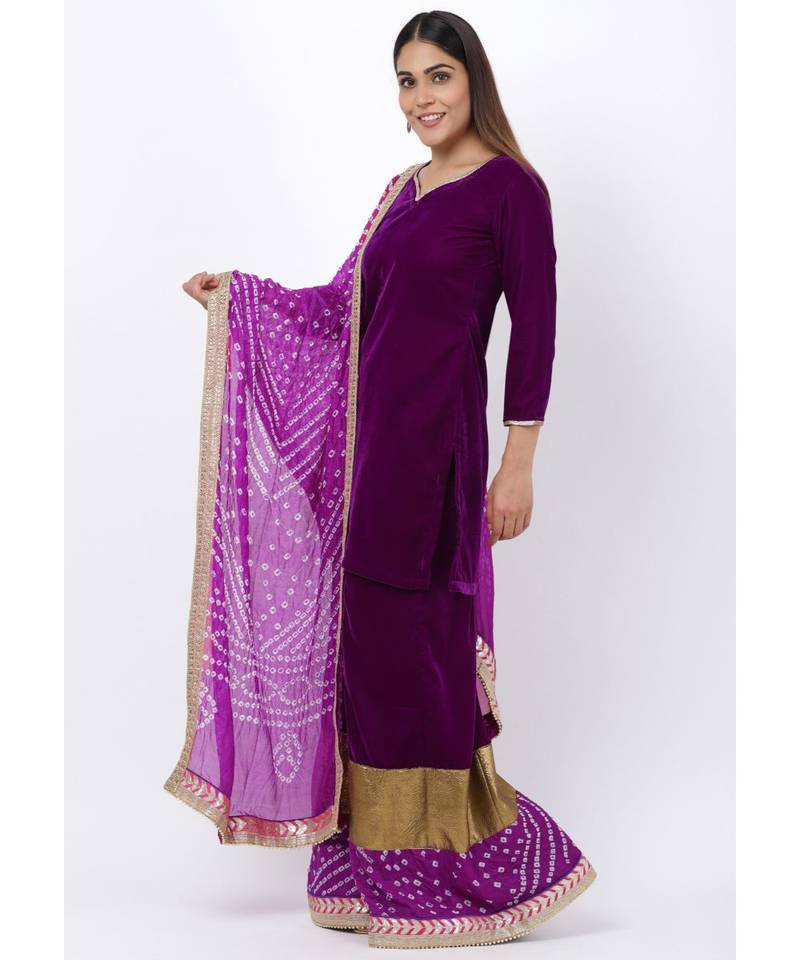 My Purple Short Velvet Kurti with Kalidaar Bandhani Palazzo and Bandhani Dupatta