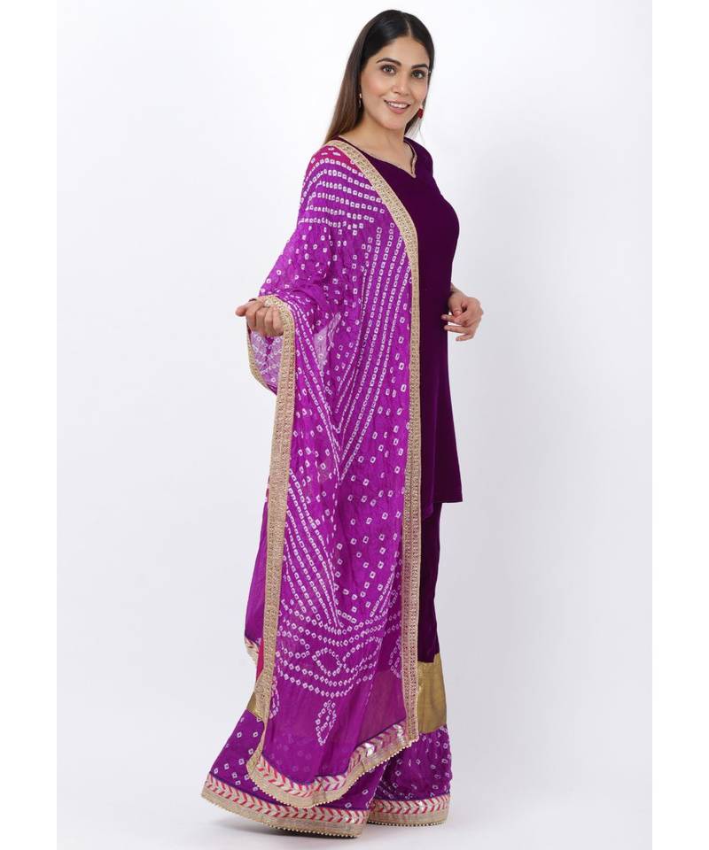 My Purple Short Velvet Kurti with Kalidaar Bandhani Palazzo and Bandhani Dupatta