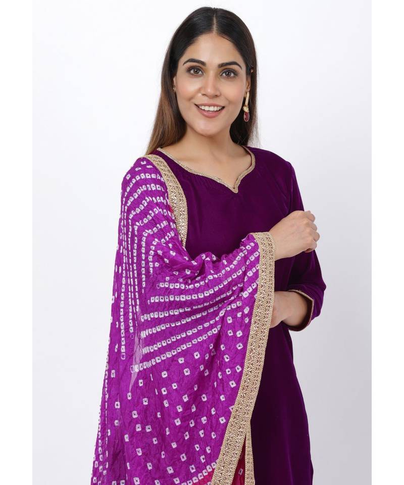 My Purple Short Velvet Kurti with Kalidaar Bandhani Palazzo and Bandhani Dupatta