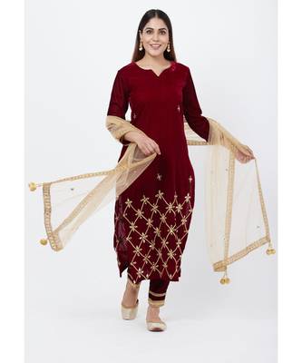 Maroon Mirror Embroidered Velvet Kurti with Straight Pants and Mirror Stone Dupatta 1