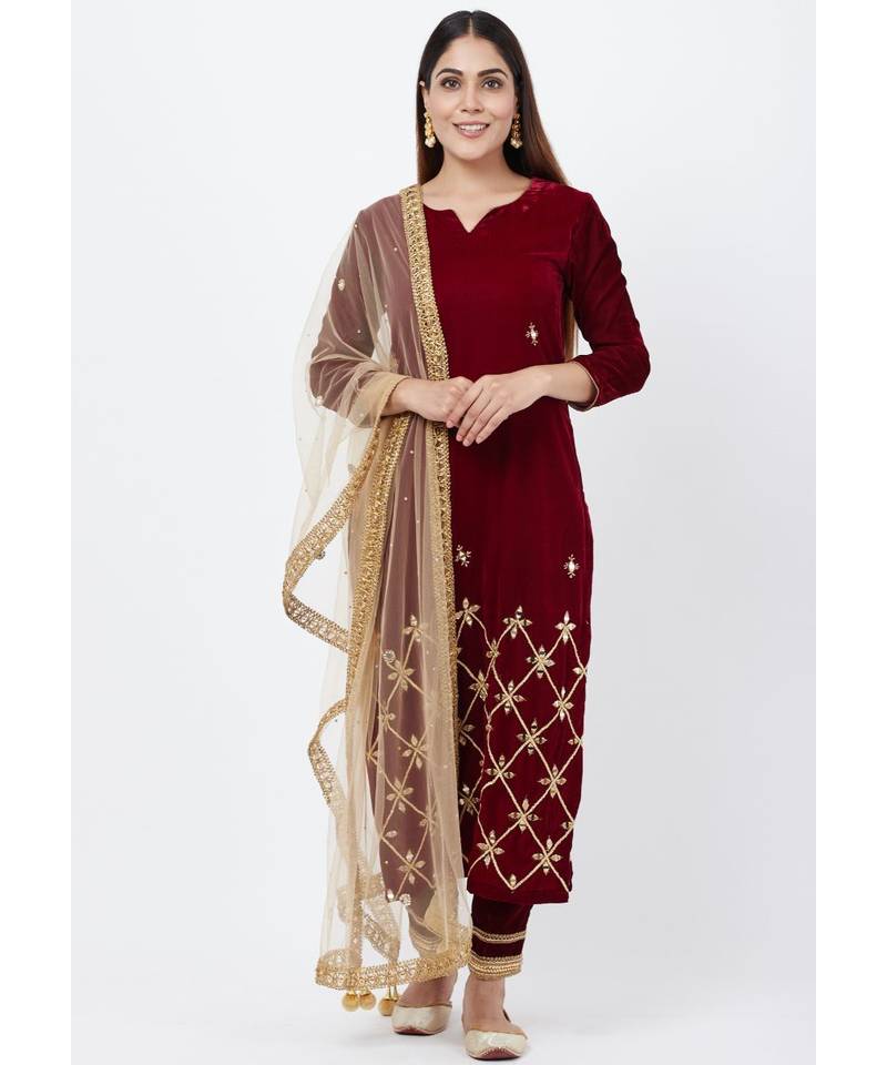 Maroon Mirror Embroidered Velvet Kurti with Straight Pants and Mirror Stone Dupatta