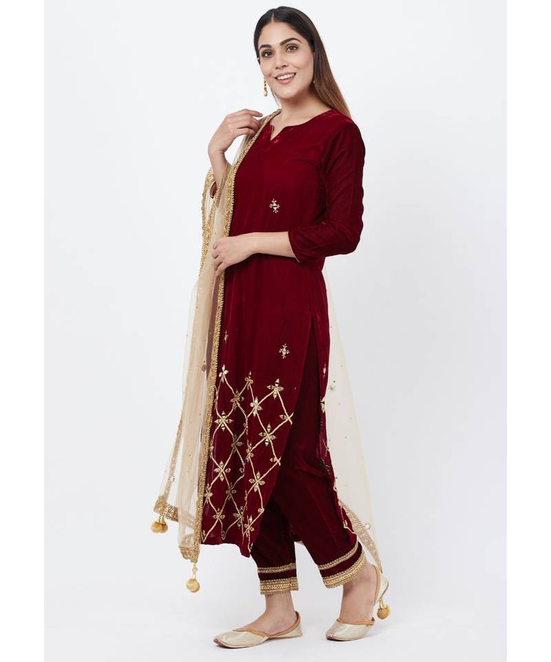 Maroon Mirror Embroidered Velvet Kurti with Straight Pants and Mirror Stone Dupatta
