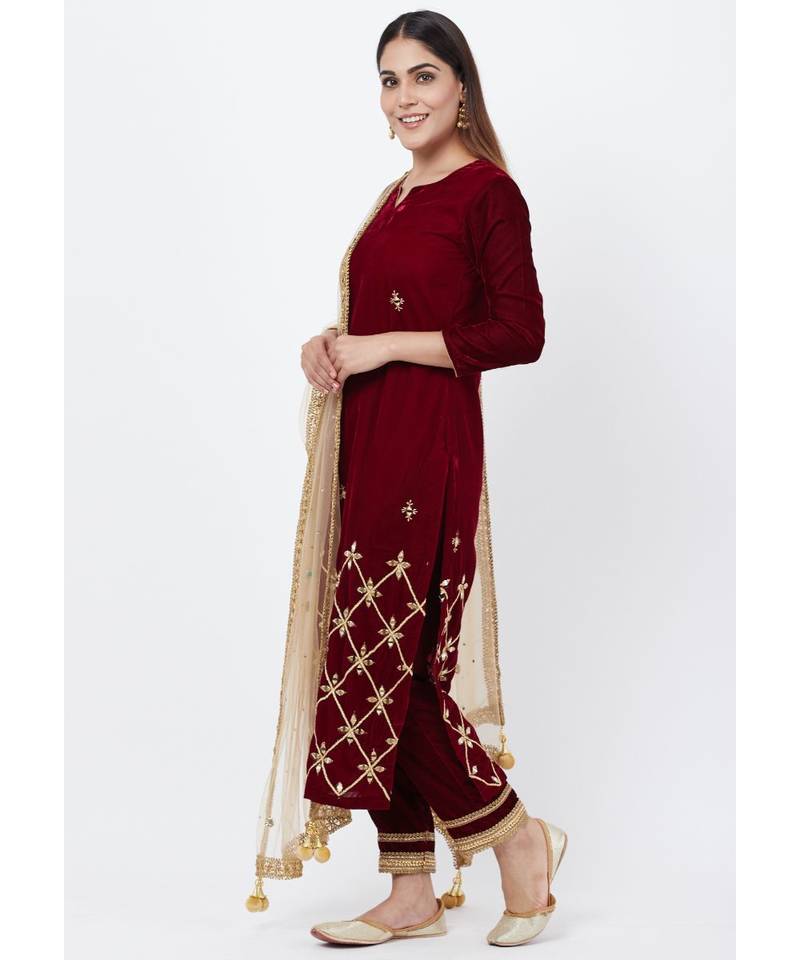 Maroon Mirror Embroidered Velvet Kurti with Straight Pants and Mirror Stone Dupatta